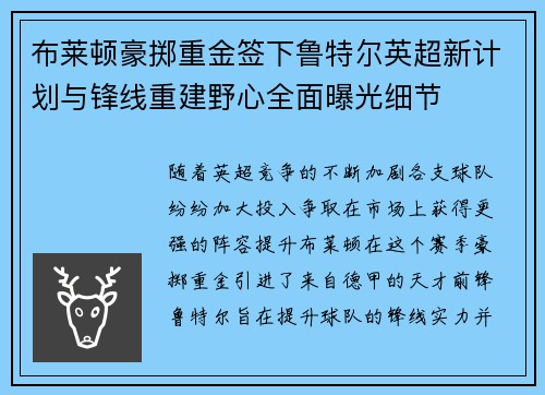 布莱顿豪掷重金签下鲁特尔英超新计划与锋线重建野心全面曝光细节