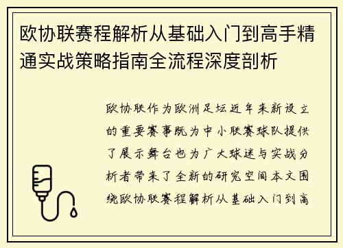 欧协联赛程解析从基础入门到高手精通实战策略指南全流程深度剖析